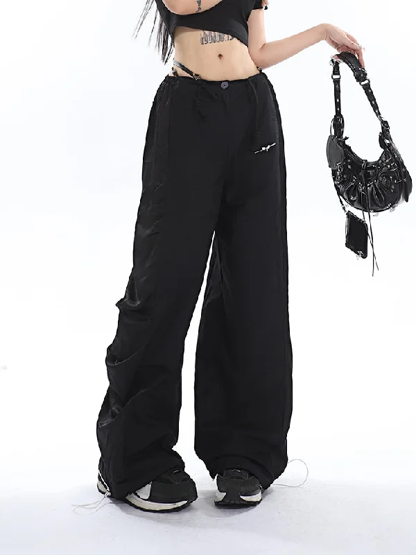 Galia Solid Color Butterfly Silver Metal Buckle Drawstring Wide Straight Leg High Waist Pants Relaxed Linen Pants