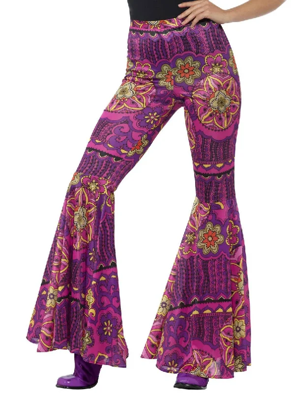 Psychedelic 1970s Purple Womens Hippie Costume Pants Trendy Wide-Legged Trousers