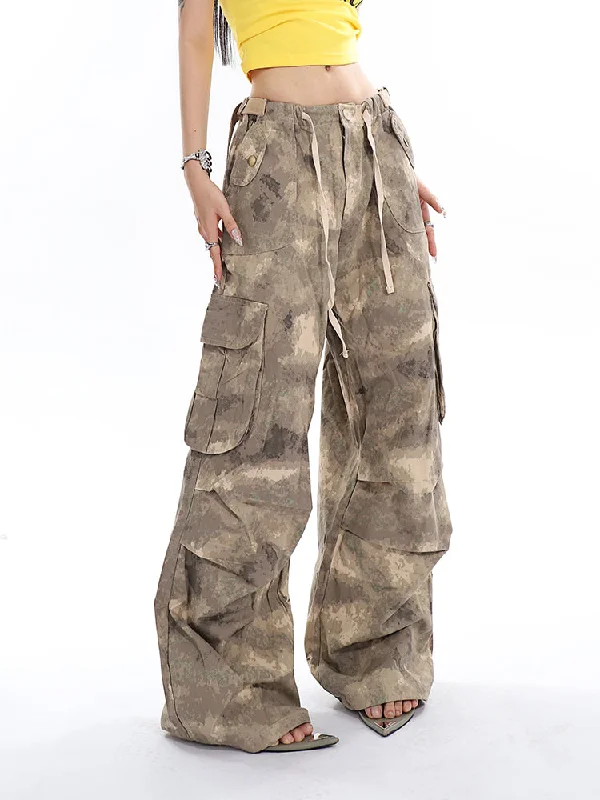 Lexis Brown Green Acid Wash Vintage Camouflage High Waist Straight Wide Leg Multi-Pocket Cargo Pleated Pants Cozy Maternity Pants