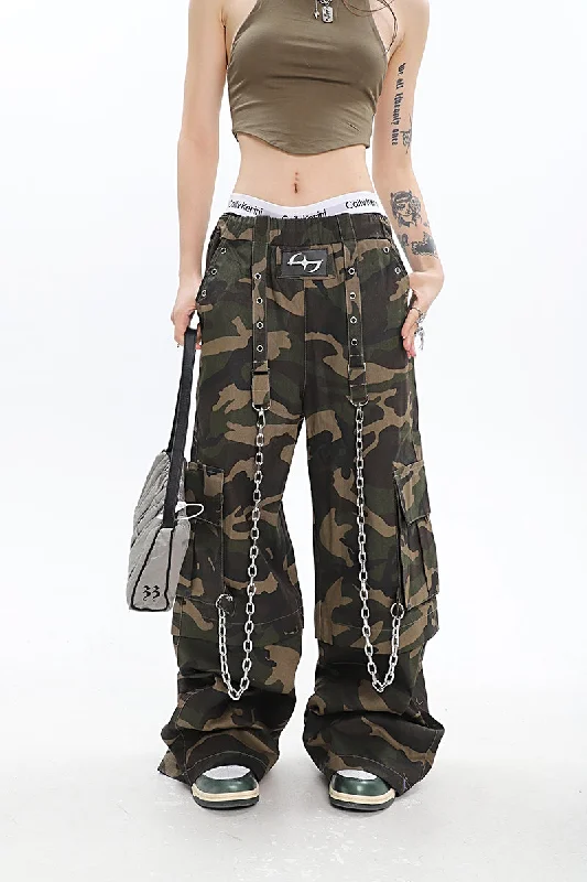 Genesis Army Green Camouflage Solid Color Straight Leg Chain Link Baggy Pants Cozy Maternity Pants