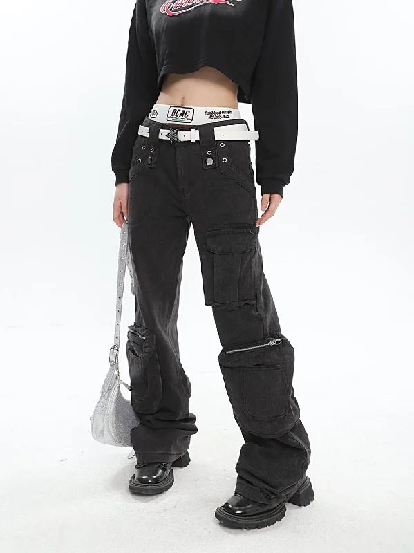 Justine Solid Color Black Straight Leg Multi-Pocket Multi-Zipper Cargo Pants Comfy Cargo Trousers