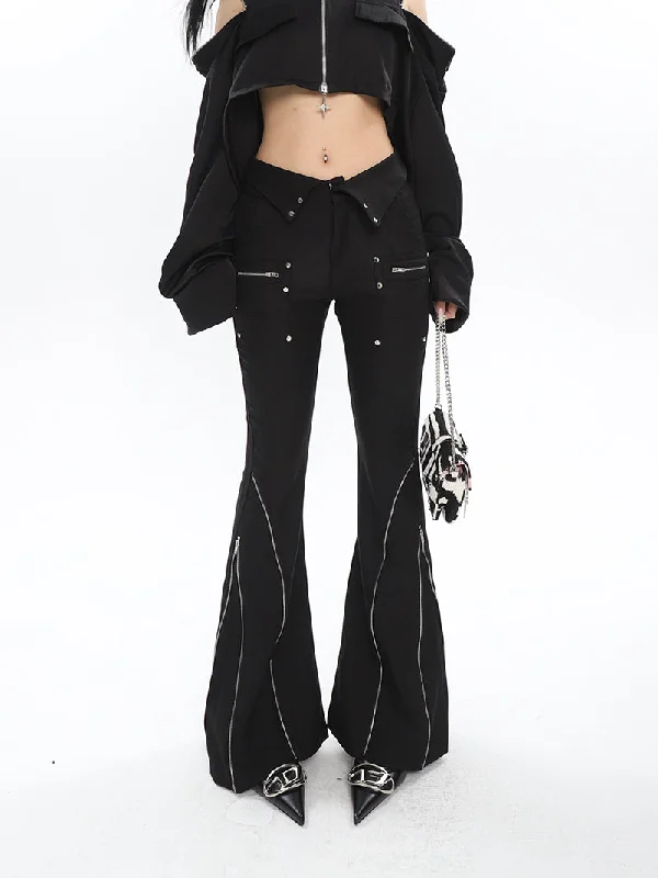 Eline Solid Color Black Metal Multi-Zipper Slim Flared High Waist Pants Formal Dress Pants