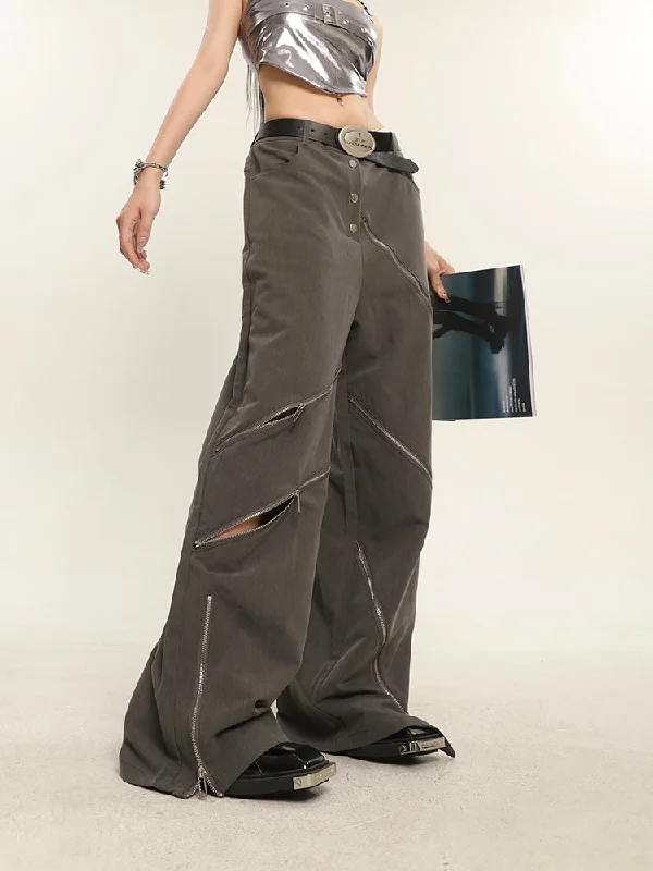 China Solid Color Cut Out Multi-Zipper Straight Wide Leg Pants Comfortable Maternity Pants