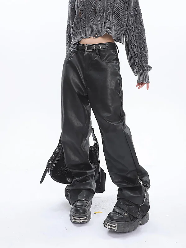 Shyann Solid Color Black Pu Leather Long Straight Leg Zip Up Pants Comfortable Fleece Pants