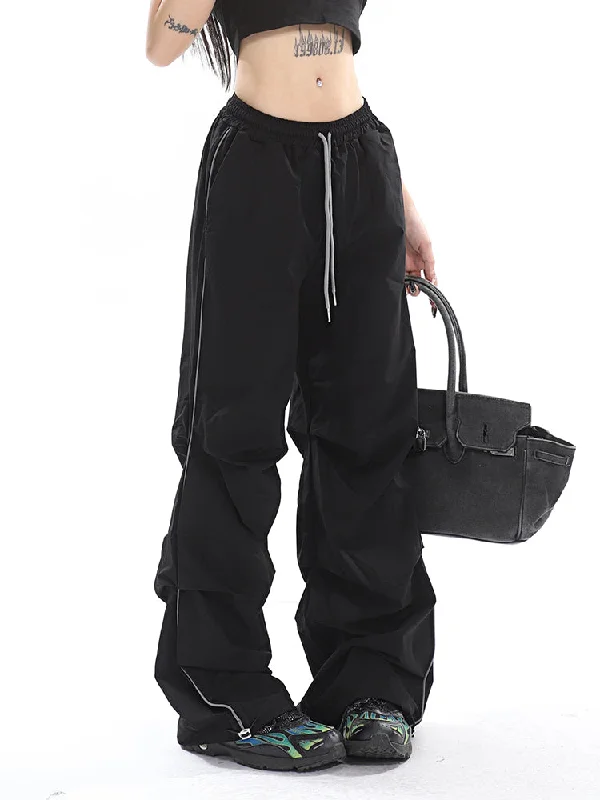 Stacia Solid Color High Waist Pleated Drawstring Straight Leg Parachute Crago Pants Cozy Full-Length Pants