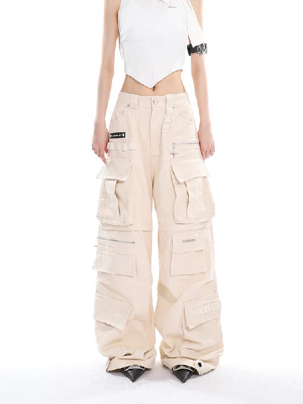 Ladia Solid Color Apricot High Waist Streetwear Multi-Pocket Straight Leg Cargo Pants Elegant Dress Pants