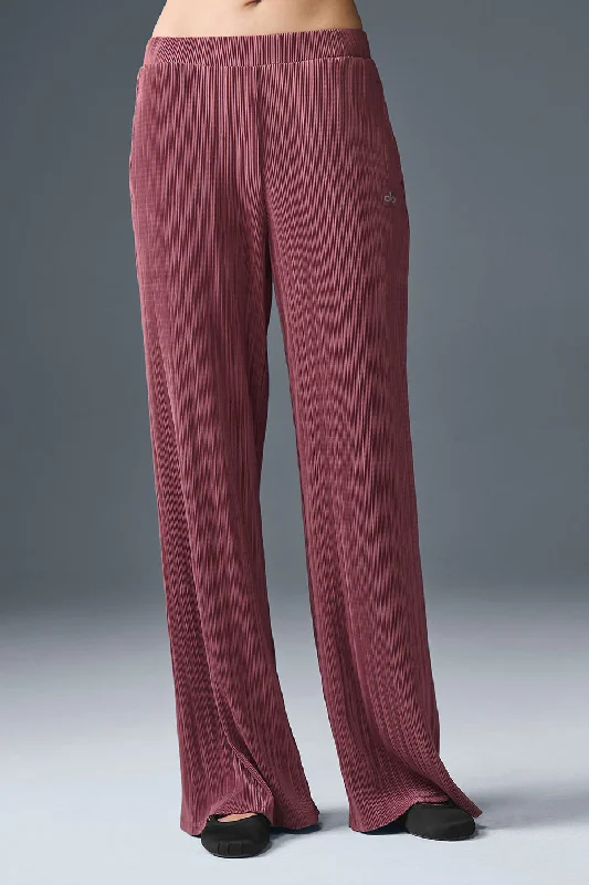 High-Waist Micro Plisse Straight Leg Pant - Burgundy Truffle Formal Slim Pants