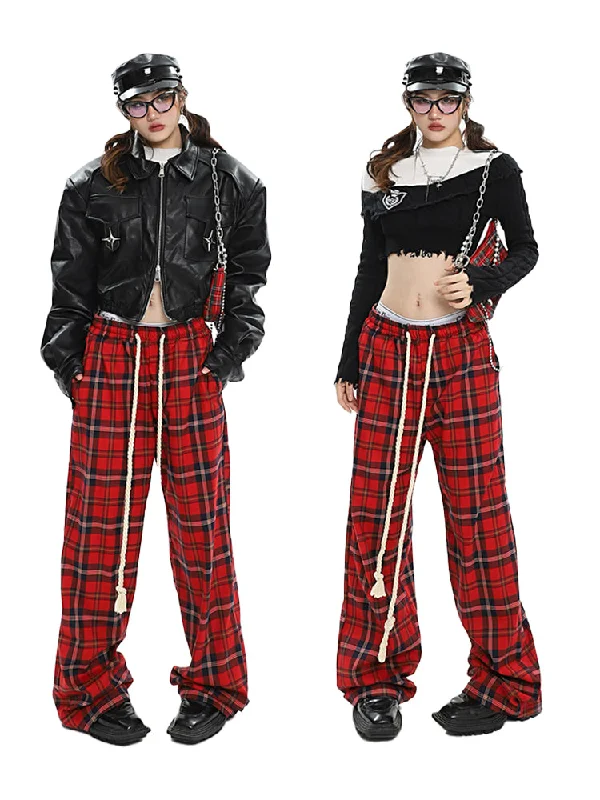 Catalina Red Plaid Straight Leg Baggy Pants Soft Stretch Trousers