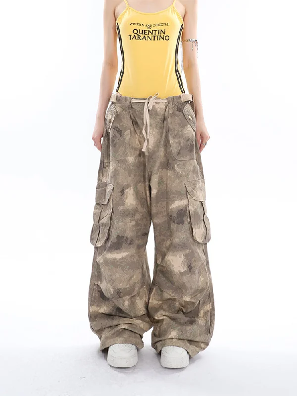 Alexis Brown Green Acid Wash Vintage Camouflage High Waist Straight Wide Leg Multi-Pocket Cargo Pleated Pants Fashionable Button-Up Pants