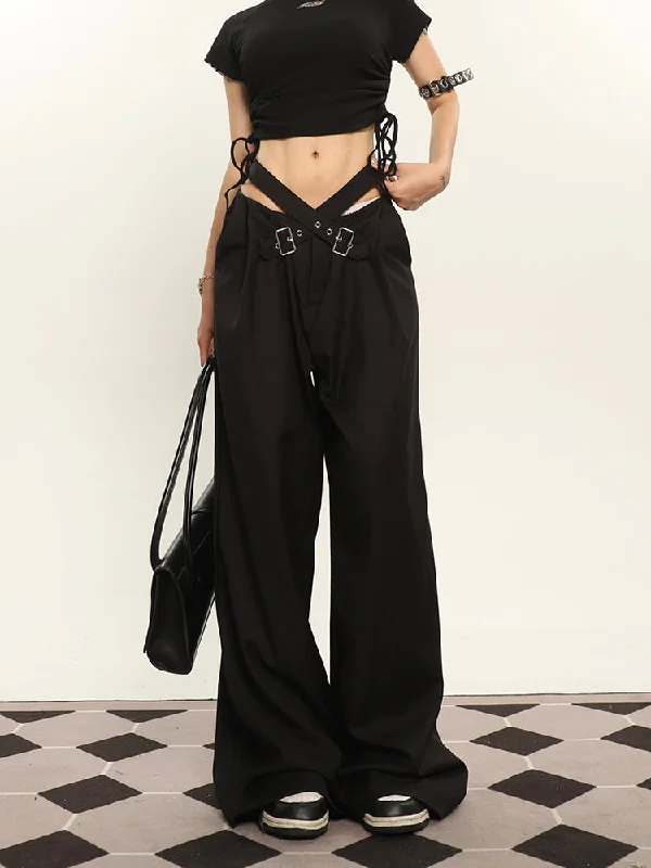 Lena Solid Color Brown Cross Belt Wide Leg High Waist Suit Pants Formal Linen Trousers