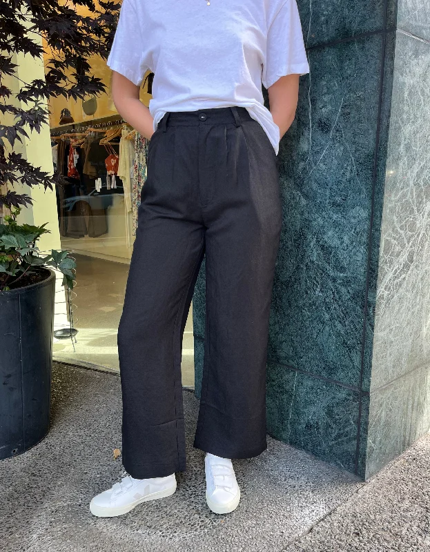 Chloe Pleat Linen Pant in Faded Black Stylish Paperbag Waist Pants