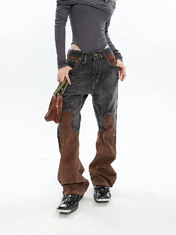 Ashly Patchwork Grey Brown High Waisted Denim Corduroy Pants Comfortable Denim Leggings