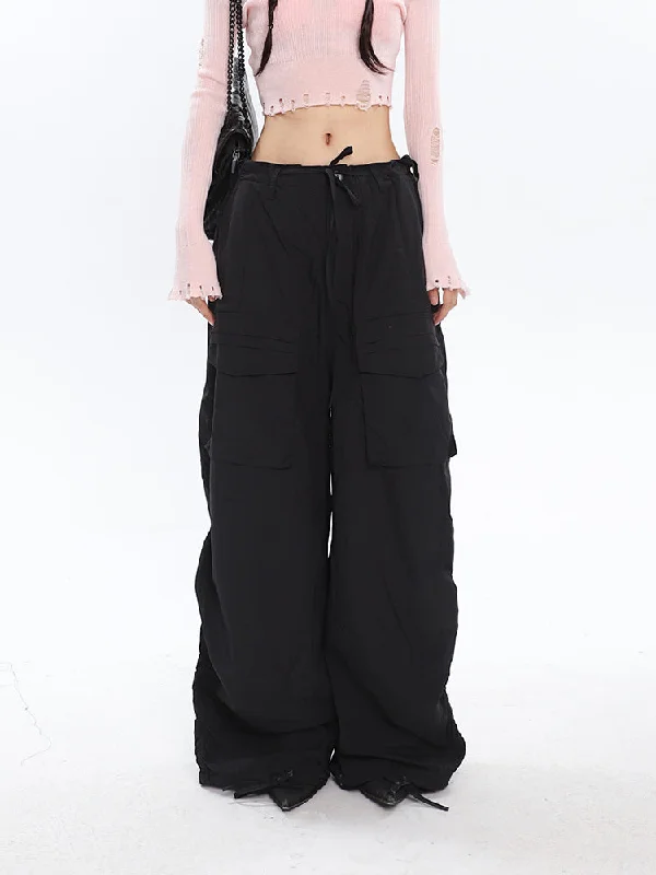 Krissy Solid Color Drawstring Multi-Pocket Straight Leg High Waist Cargo Parachute Pants Lightweight Linen Pants