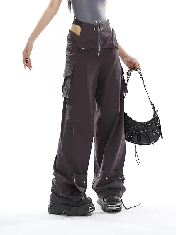 Lenny Solid Color Deconstructed Design Openwork Zipper Cargo High Waist Straight Leg Pants Comfy Zip-Up Pants