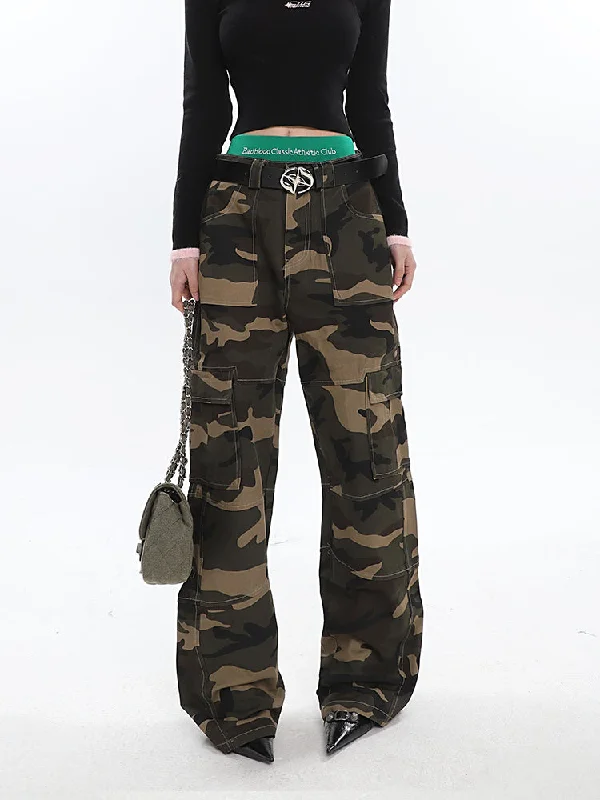 Alissa Army Green Camouflage Straight Leg High Waist Cargo Pants Fashionable Button-Up Pants