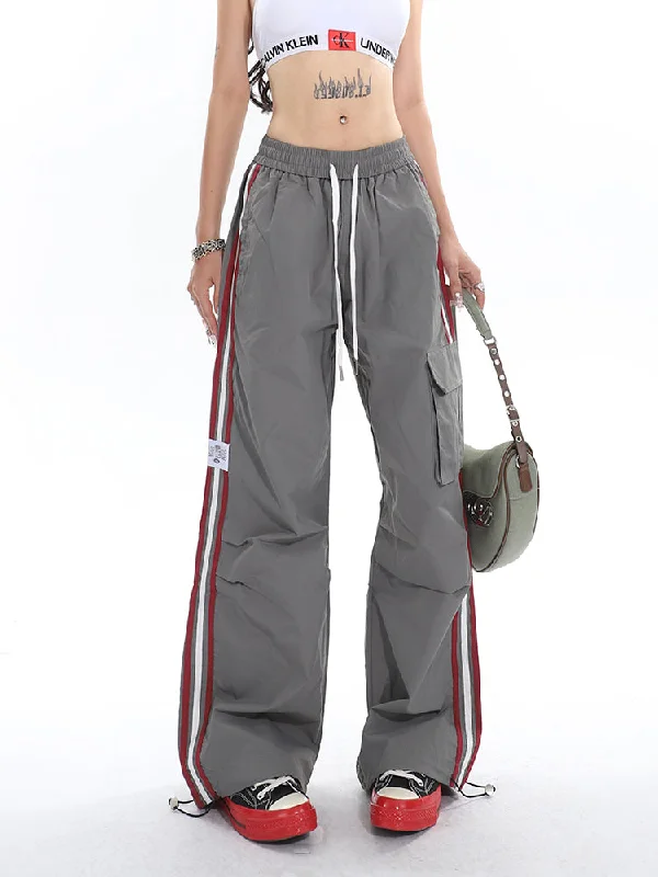 Polly Solid Color White & Red Side Striped Retro High Waist Straight Leg Baggy Cargo Pants Comfortable Fleece Pants