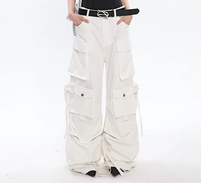 Leny Solid Color High Waist Multi-Pocket Straight-Leg Wide-Leg Cargo Pants Cozy Knit Pants