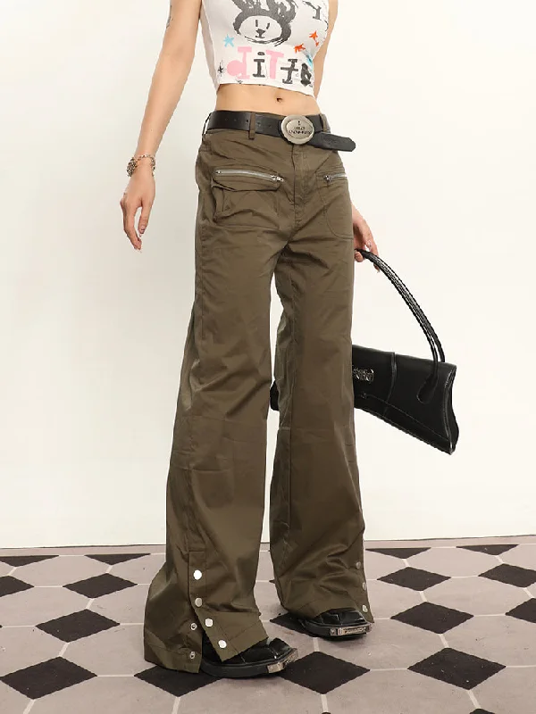 Keen Solid Color Multi-pocket Zippered Concealed Buckle Split Cargo Pants Chic Checkered Pants