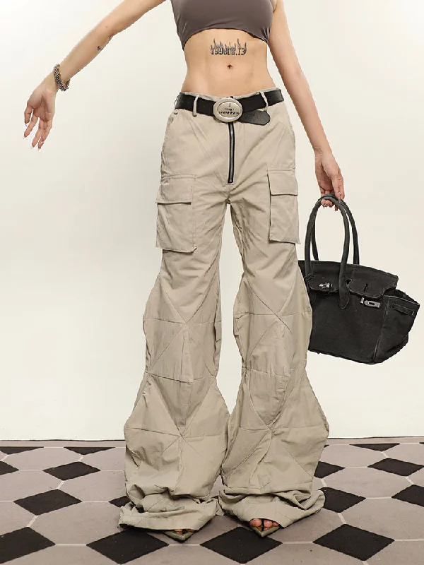 Cassy Solid Color Irregular Shaped Cut Out Design Wide Leg Zipper Cargo Pants Trendy Wide-Legged Trousers