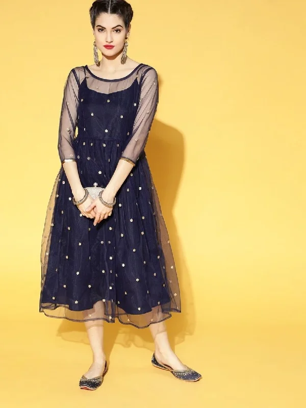 Navy Blue Embroidered Net Fit and Flare Dress
