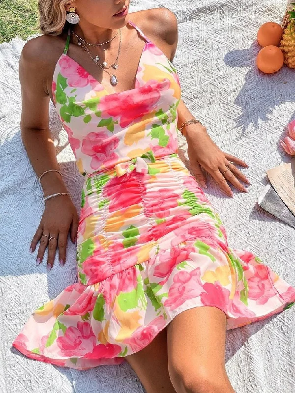 FLORAL PRINT HEM BELTED HALTER DRESS