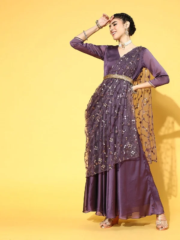 Purple Poly Silk Partywear Self Design Dresses