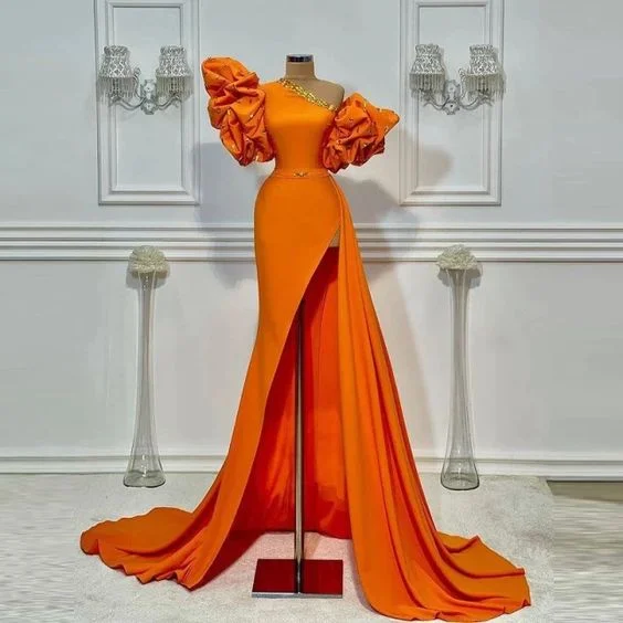 Orange One Shoulder Prom Dresses Summer Puff Short Sleeves Sexy Side Slit Evening Dress S1518 Orange One Shoulder Prom Dresses Summer Puff Short Sleeves Sexy Side Slit Evening Dress S1518