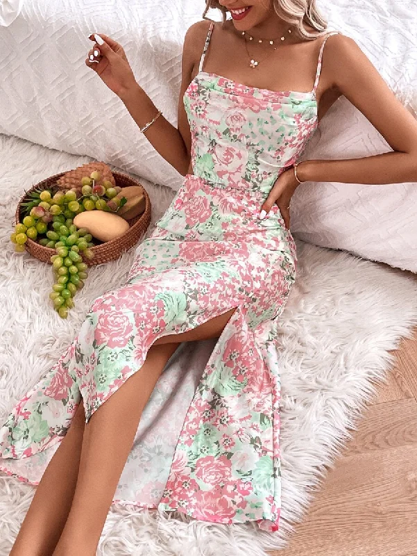 ALLOVER FLORAL TIE BACKLESS SPLIT THIGH CAMI DRESS