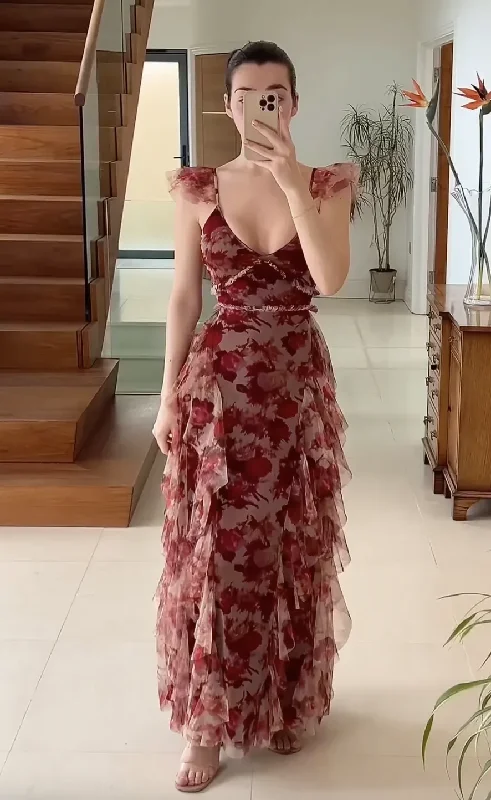 Charming Wine Red Strapless Cascading Ruffle Long Prom Dress, DP2590
