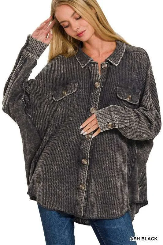 Acid Wash Oversized Cotton Waffle Shacket Off-Shoulder Wrap Blouse