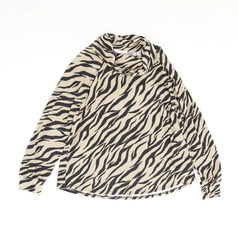 Beige Animal Print Long Sleeve Blouse Gathered Detail Blouse