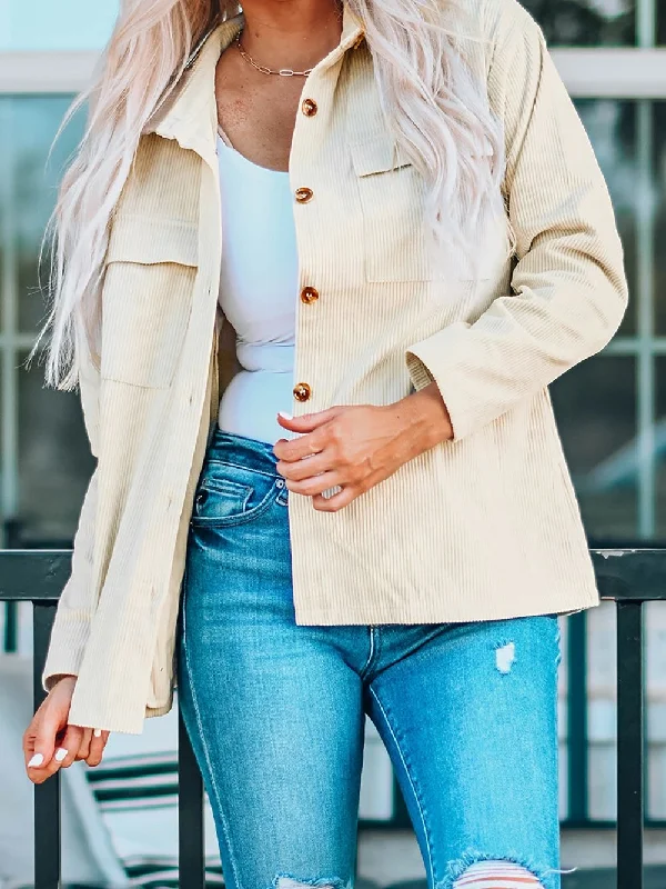 Beige Ribbed Textured Shacket with Front Pockets Ruched Sleeve Blouse