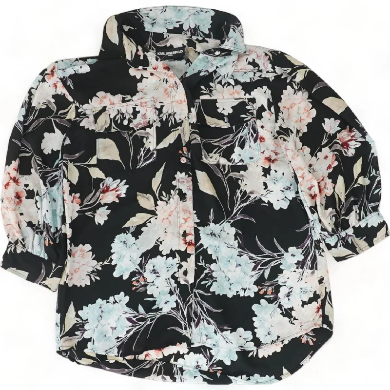 Black Floral 3/4 Sleeve Blouse Cotton Casual Blouse