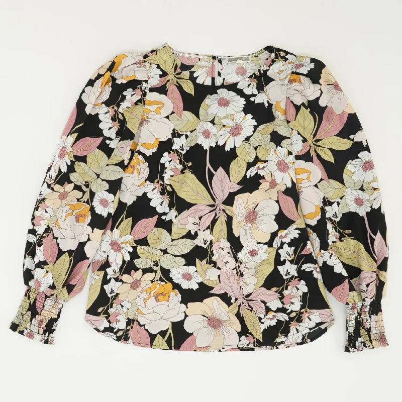 Black Floral Long Sleeve Blouse Satin Long Blouse