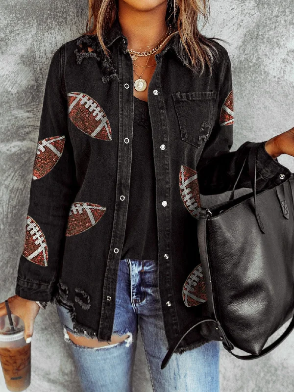 Rugby Sequined Black Denim Shacket with Frayed Details Embroidered Cotton Blouse