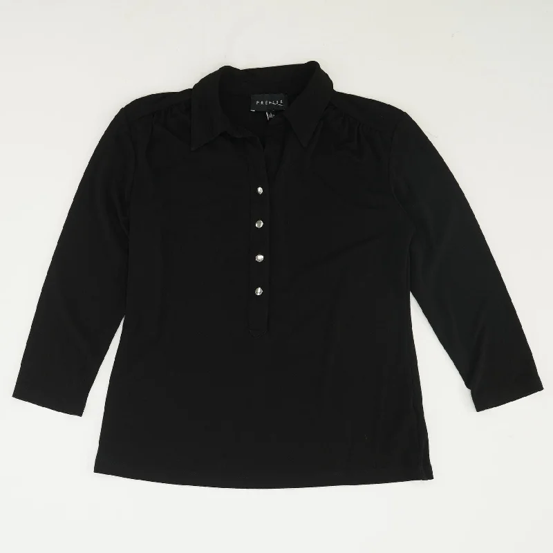 Black Solid 3/4 Sleeve Blouse Elegant Embroidery Blouse
