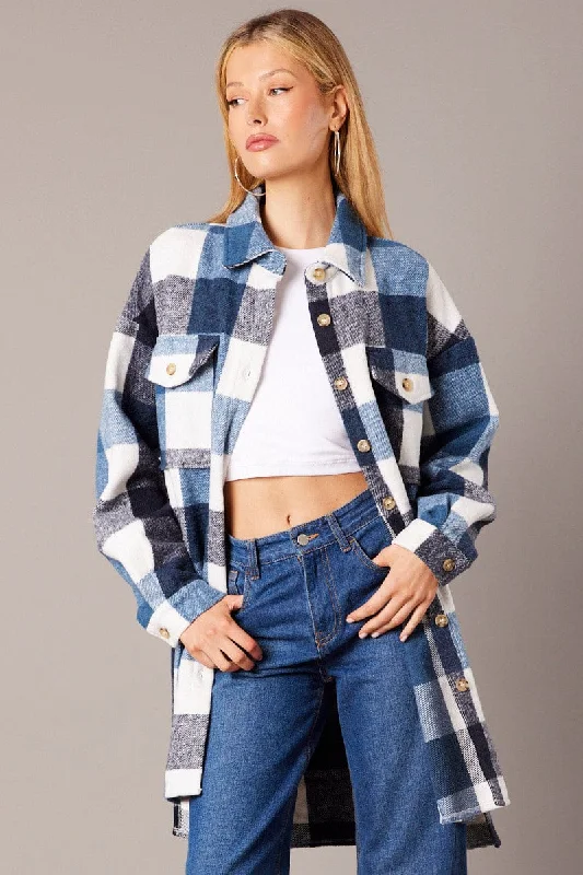 Blue Check Long Shacket Casual Relaxed Blouse