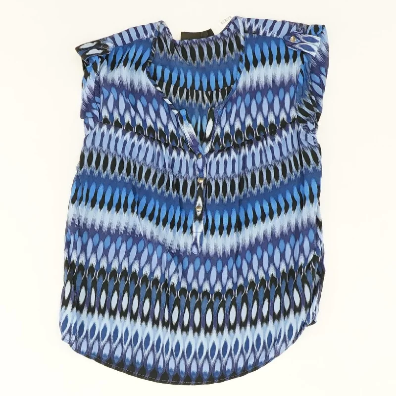 Blue Graphic Sleeveless Blouse Polished Work Blouse