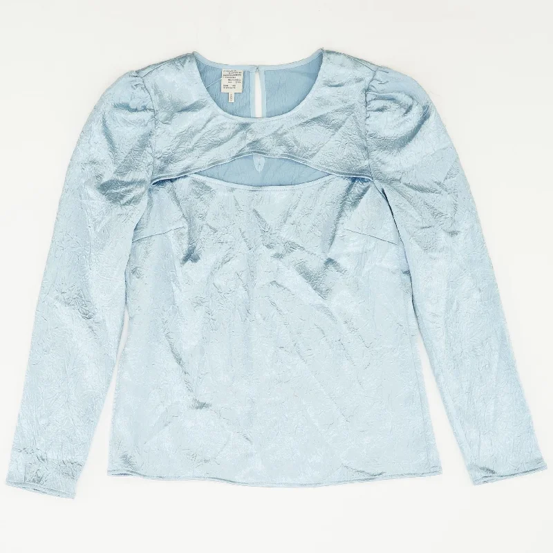 Blue Solid Long Sleeve Blouse Versatile Layering Blouse