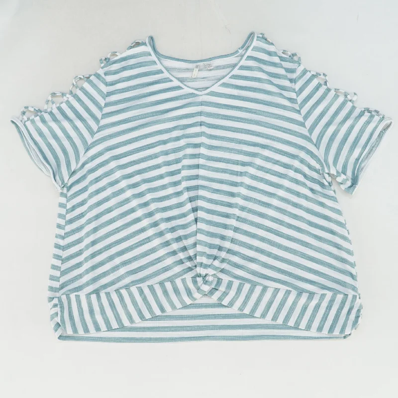 Blue Striped Short Sleeve Blouse Soft Knit Blouse