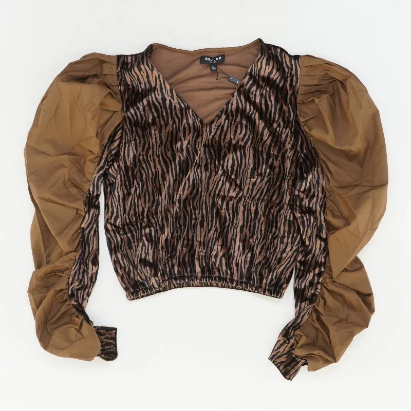 Brown Animal Print Cropped Long Sleeve Blouse Side Tie Blouse