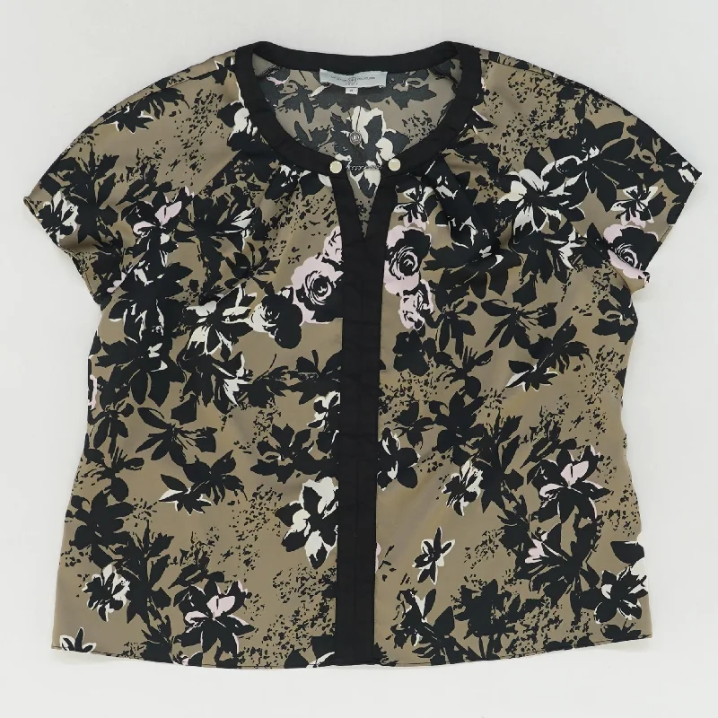 Brown Floral Short Sleeve Blouse Embellished Collar Blouse