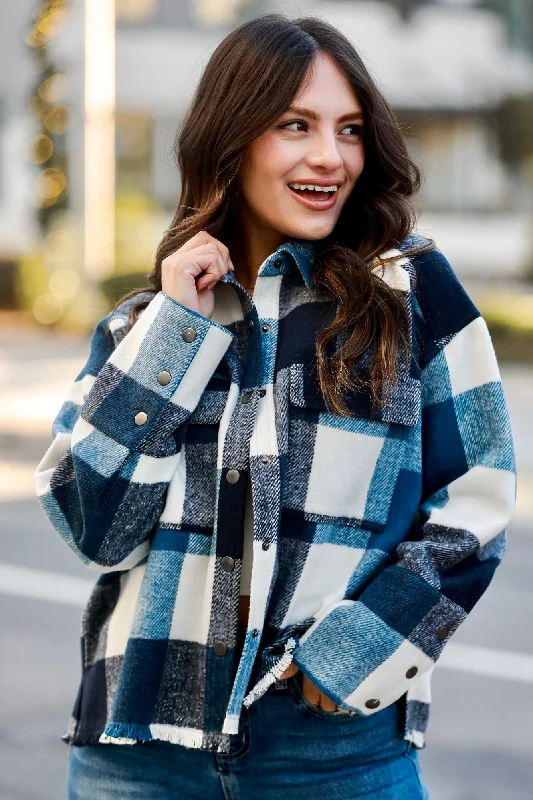 FINAL SALE - Casually Adored Navy Plaid Shacket Classic White Blouse