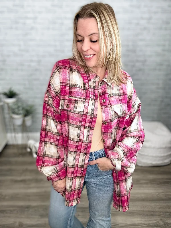 Tickled Pink Plaid Shacket with Frayed Hem Detail Silky Tunic Blouse