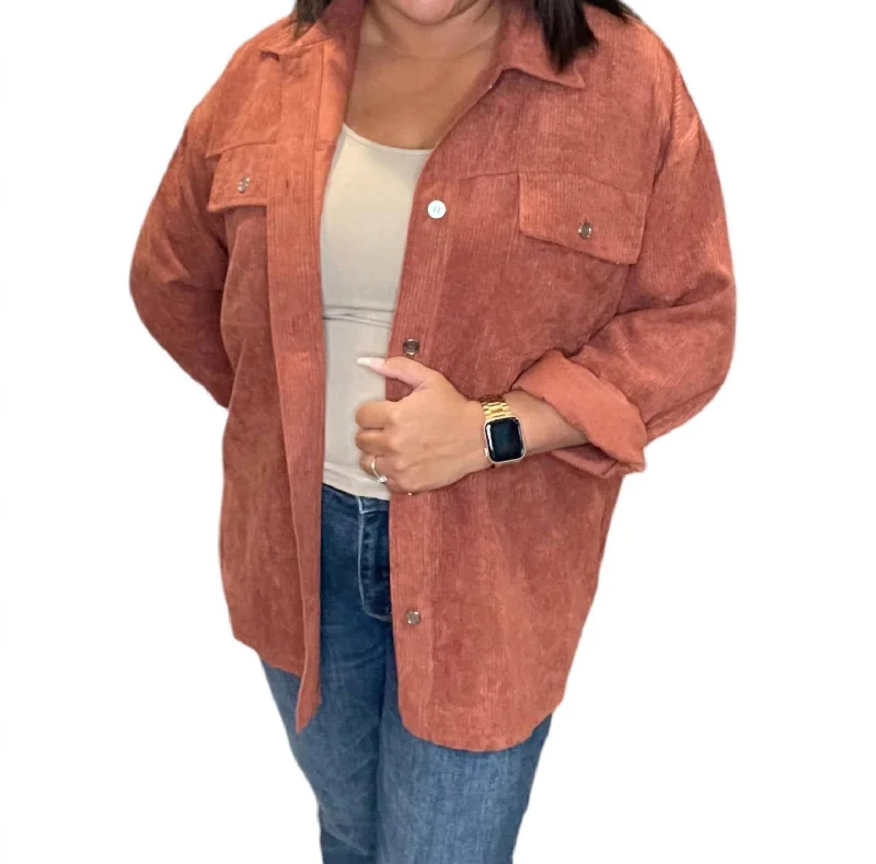 Corduroy Button Down Fall Shacket In Cinnamon Drape Neck Blouse