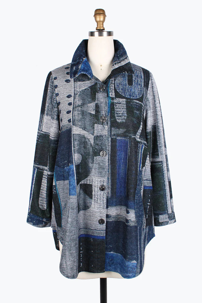 Damee Abstract Art Long Shacket 7097-BLU F24 Soft Satin Blouse