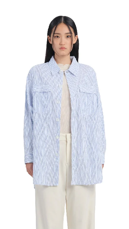 Dyed Cotton Cut Jacquard Shacket Pleated Collar Blouse