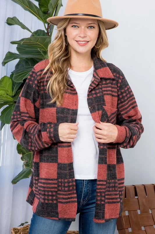 E Luna Plus Fuzzy Plaid Button Down Shacket Satin Drape Blouse