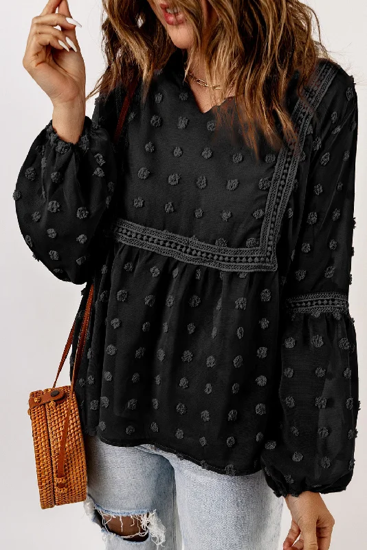 Fashionable Dotted Blouse Embellished Collar Blouse