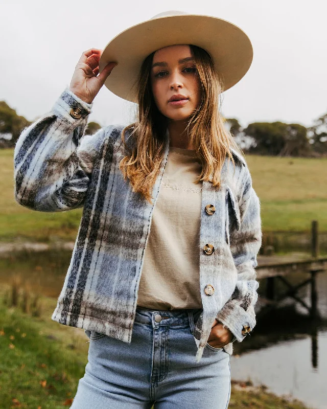 Foxwood Rhodes Check Shacket Blue Vintage White Everyday Stylish Blouse